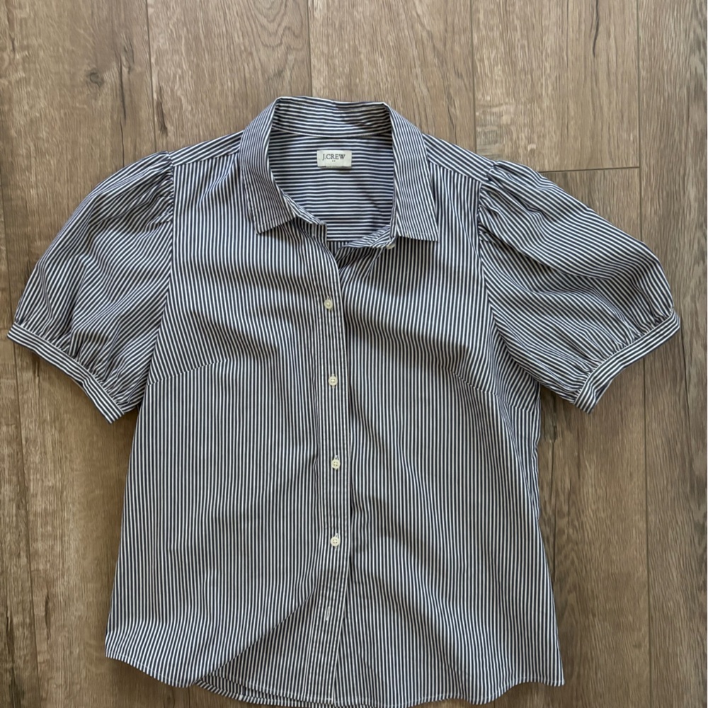 J. Crew Navy and White Striped Puff-Sleeve Button-Down Shirt